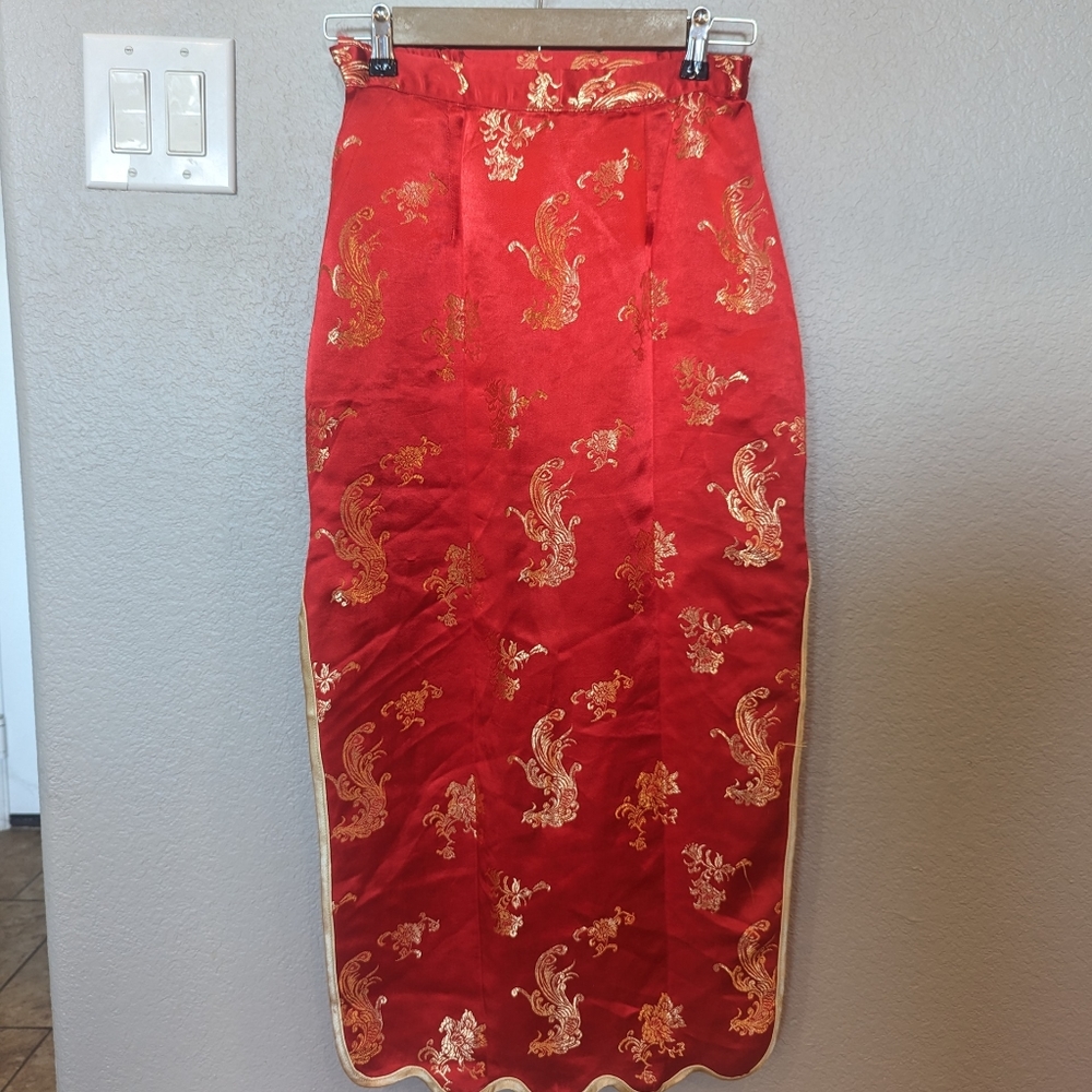 Red and Gold Asian style silky midi pencil skirt sz xs/s Chinese New Year